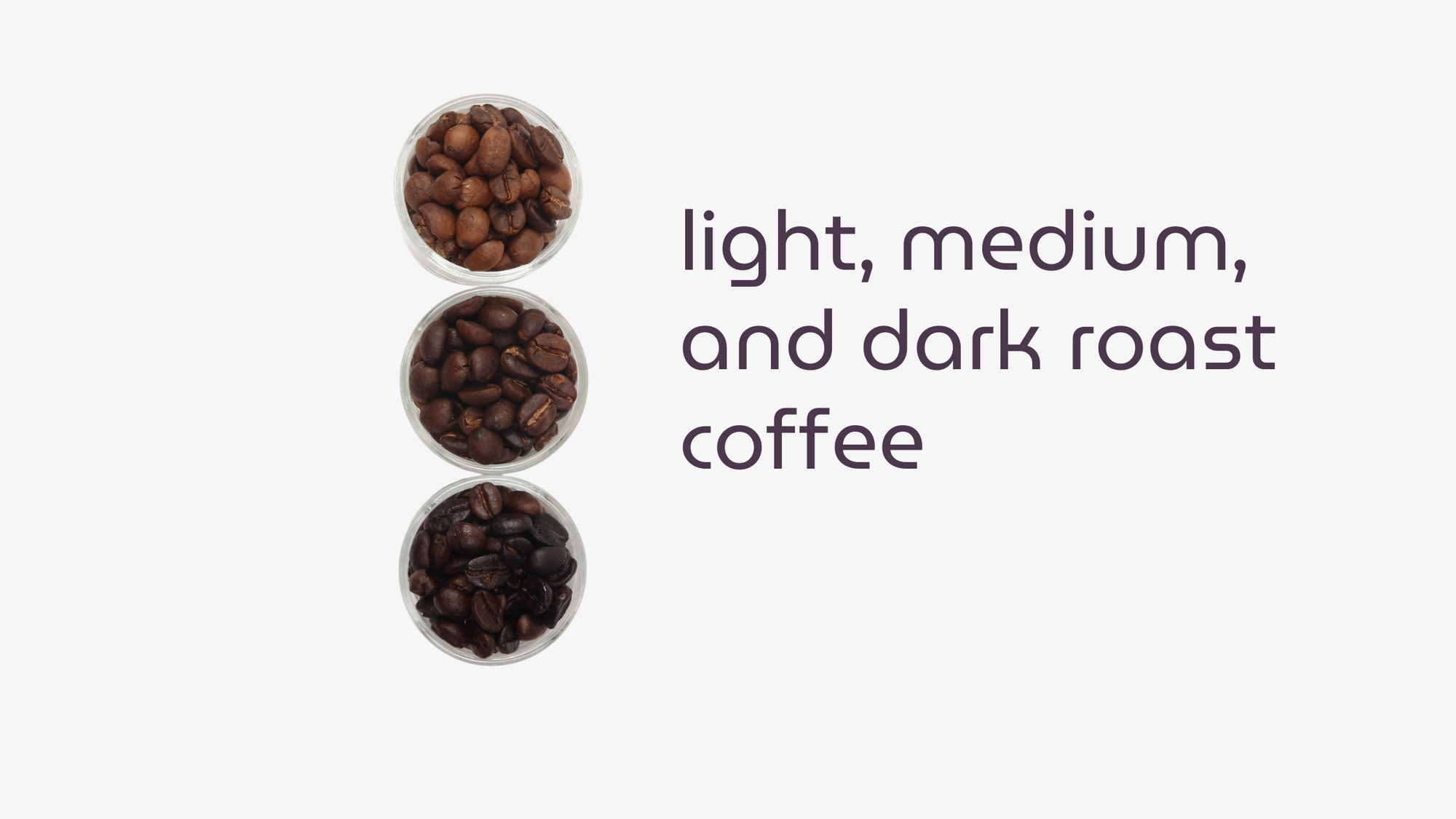 Light, medium, and dark roast coffee beans in glass bowls — visual comparison of roast levels for specialty coffee blog