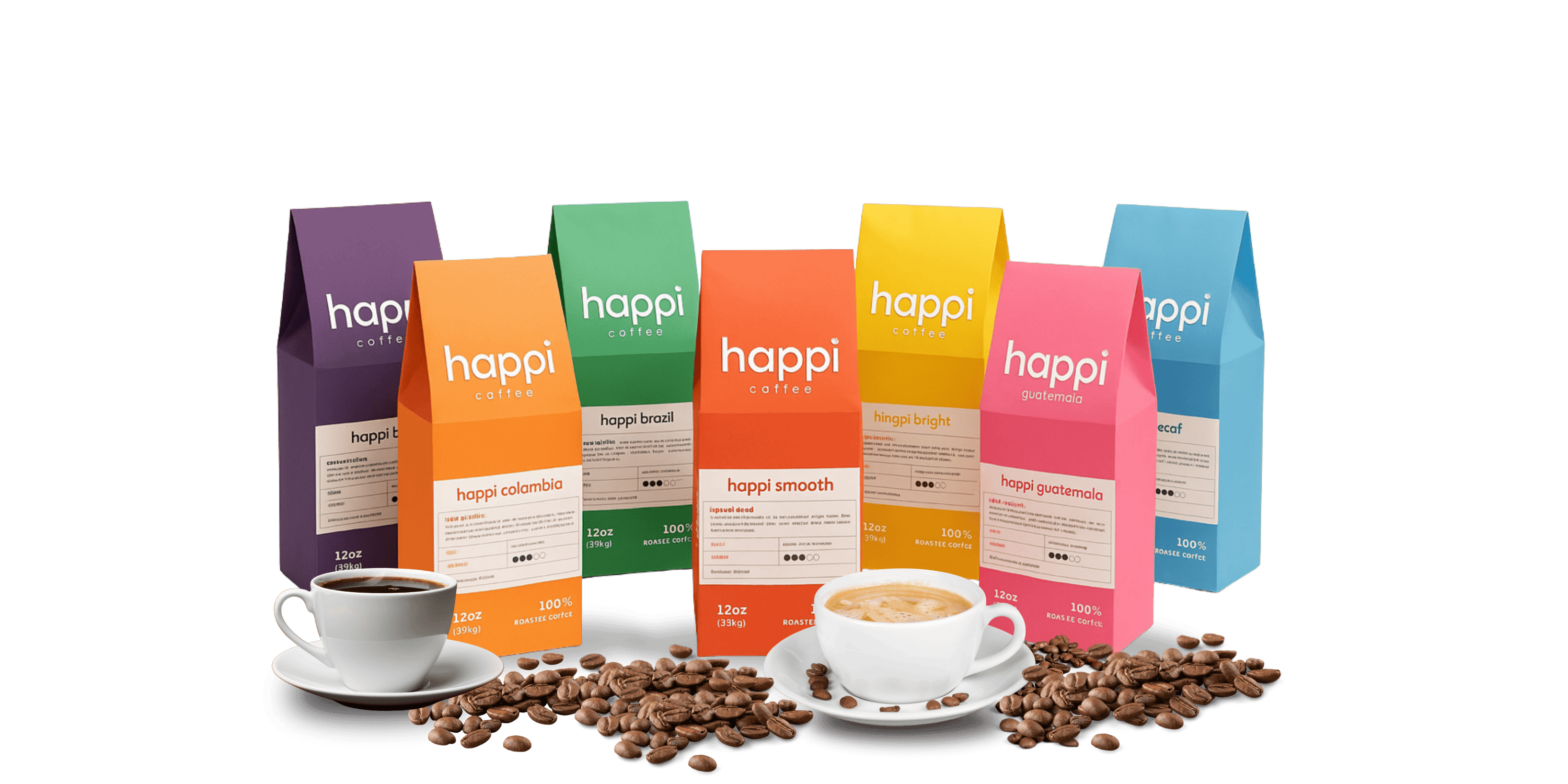 Happi Coffee fresh-roasted whole bean and ground coffee bags with cups of coffee, featuring single origin Guatemala, Colombia, Brazil, and signature blends.