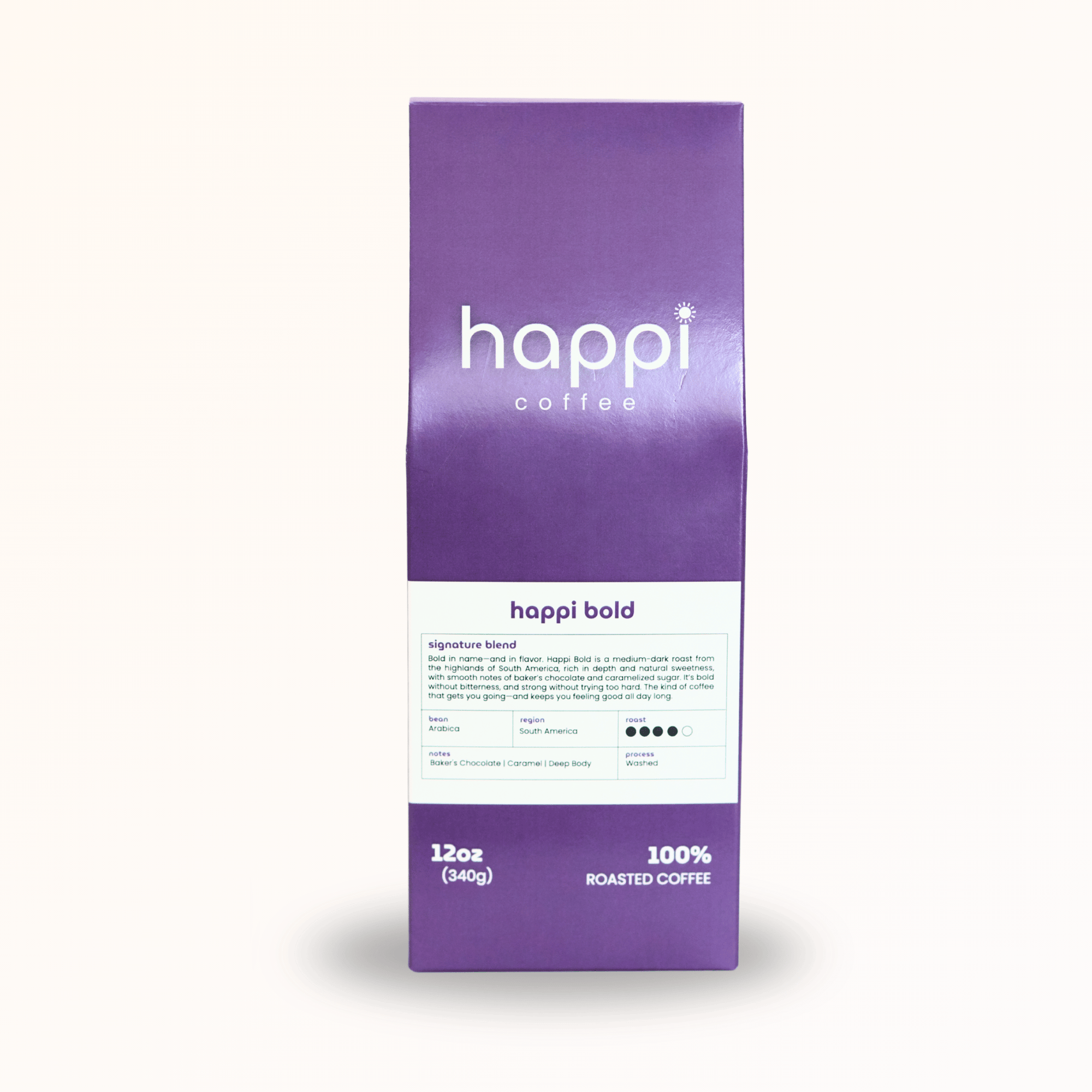 Front view of 12 oz bag of Happi Bold. Best Dark Roast Coffee Beans with Baker’s Chocolate, Caramel & Deep Body, Available Ground or Whole Bean