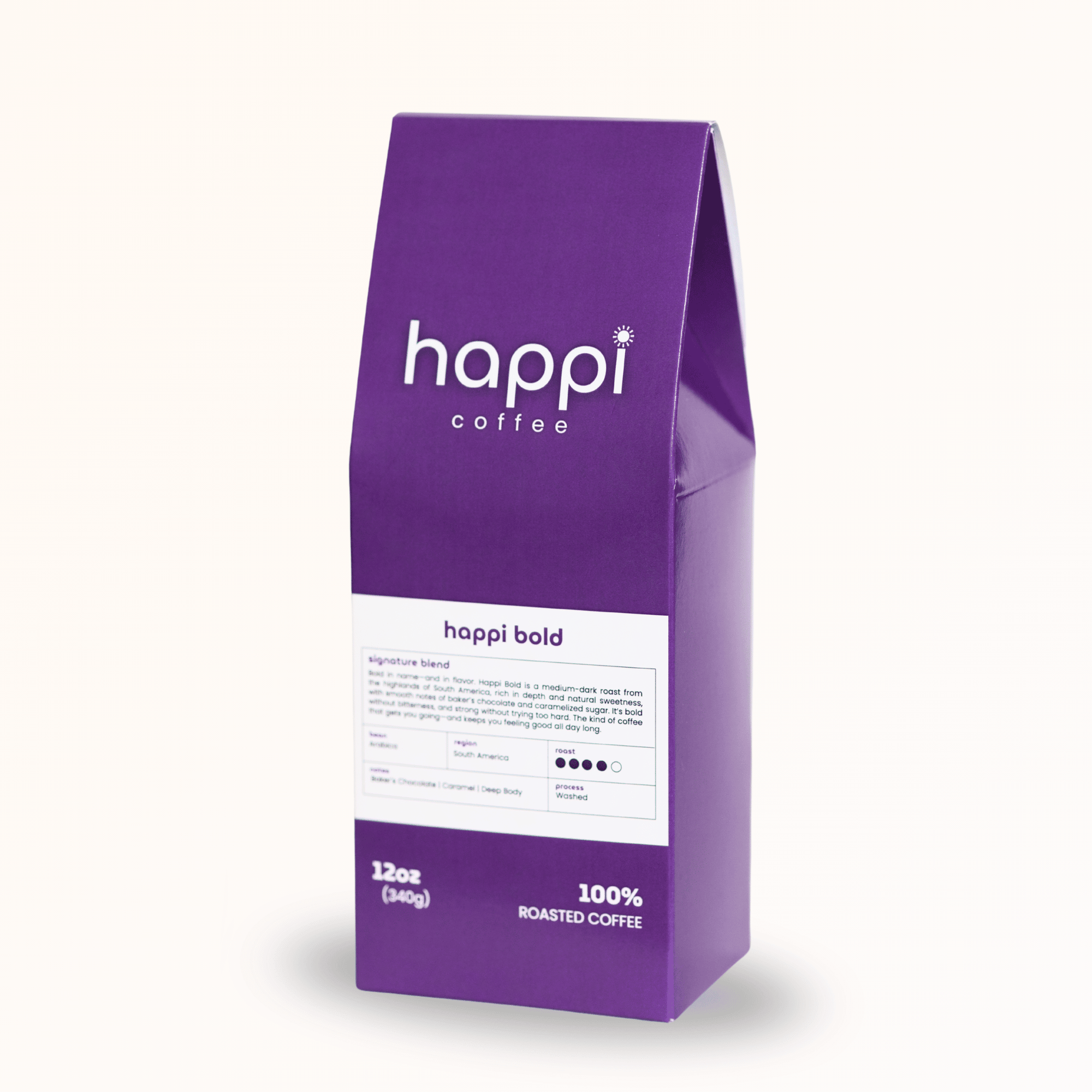 Side view of 12 oz bag of Happi Bold. Best Dark Roast Coffee Beans with Baker’s Chocolate, Caramel & Deep Body, Available Ground or Whole Bean