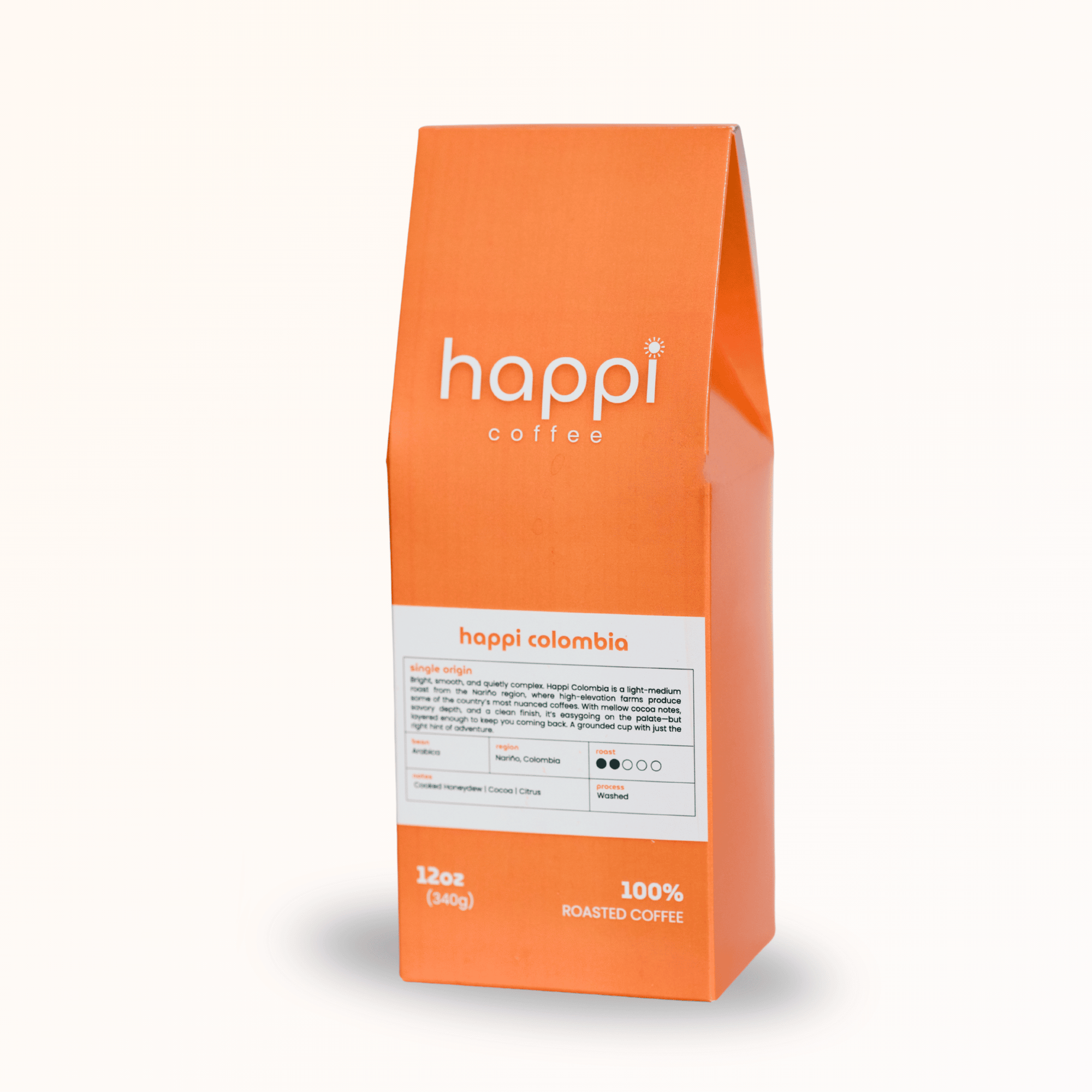 Side view of 12 oz bag of Happi Colombia. Best Light Roast Coffee Beans with Bright Citrus, Cocoa Warmth & Smooth Body, Available Ground or Whole Bean