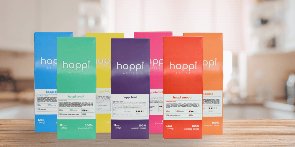 Happi Coffee full lineup – light, medium, and dark roast coffee bags