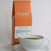 12 oz bag of happi colombia light roast specialty coffee with brewed coffee in a white cup and saucer