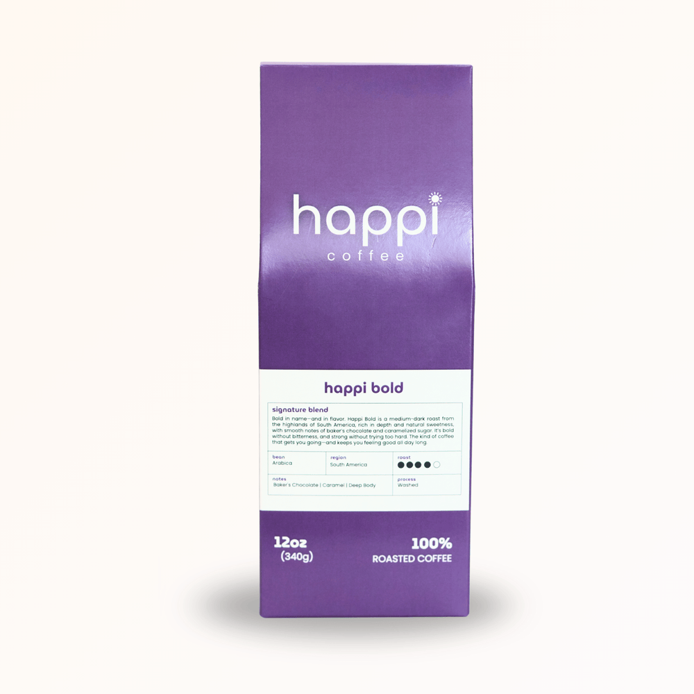 Front view of 12 oz bag of Happi Bold. Best Dark Roast Coffee Beans with Baker’s Chocolate, Caramel & Deep Body, Available Ground or Whole Bean