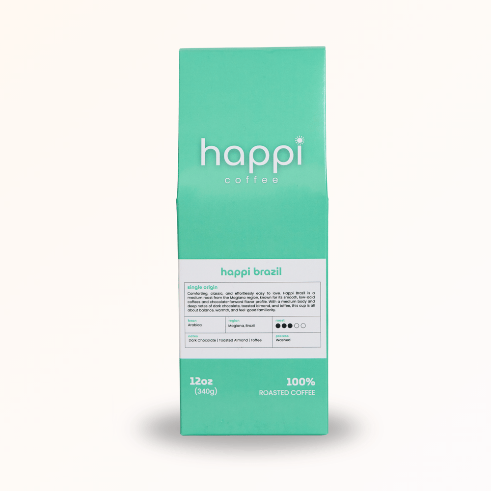 Front view of 12 oz bag of Happi Brazil. Best Medium Roast Coffee Beans with Chocolate, Almond & Toffee Notes, Available Ground or Whole Bean