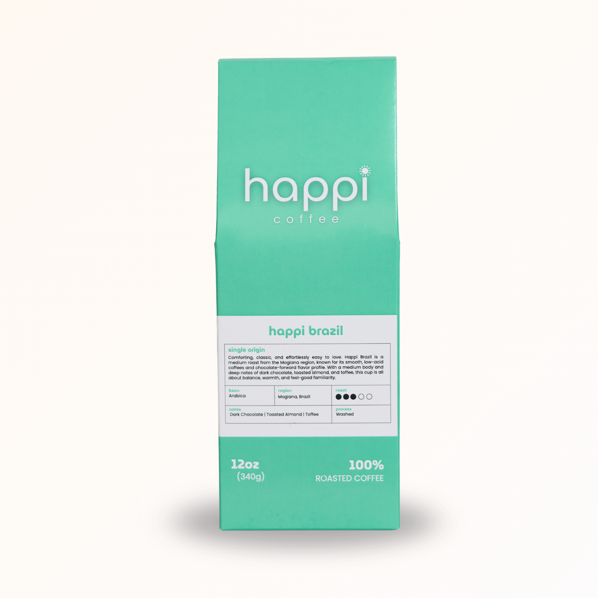 Front view of 12 oz bag of Happi Brazil. Best Medium Roast Coffee Beans with Chocolate, Almond & Toffee Notes, Available Ground or Whole Bean