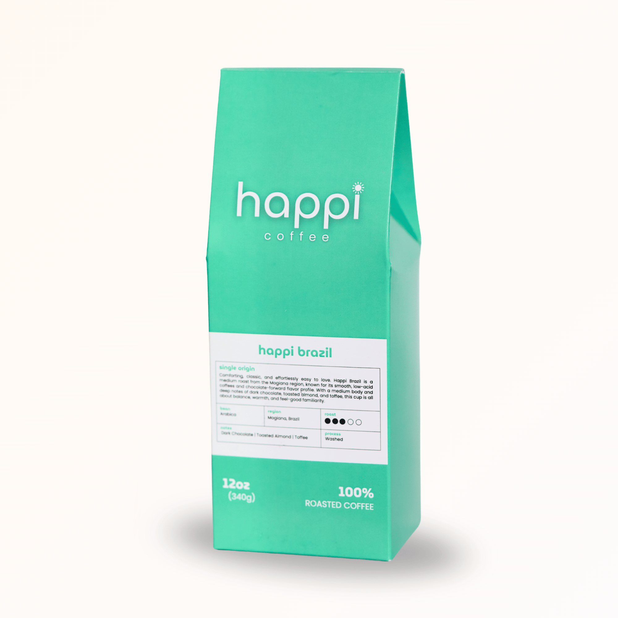 Side view of 12 oz bag of Happi Brazil. Best Medium Roast Coffee Beans with Chocolate, Almond & Toffee Notes, Available Ground or Whole Bean
