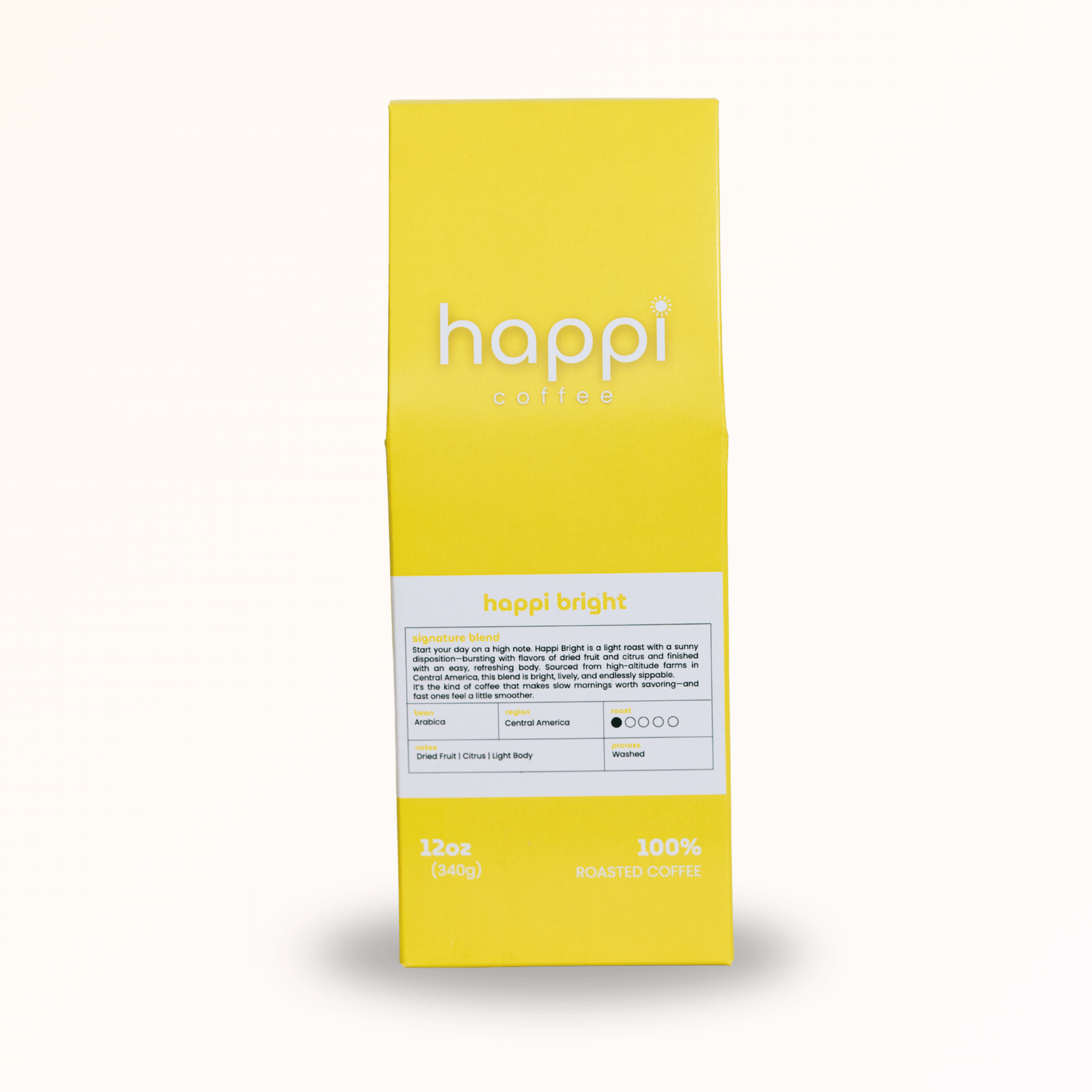 Front view of 12 oz bag of Happi Bright. Best Light Roast Coffee Beans with Citrus & Floral Flavor, Available Ground or Whole Bean