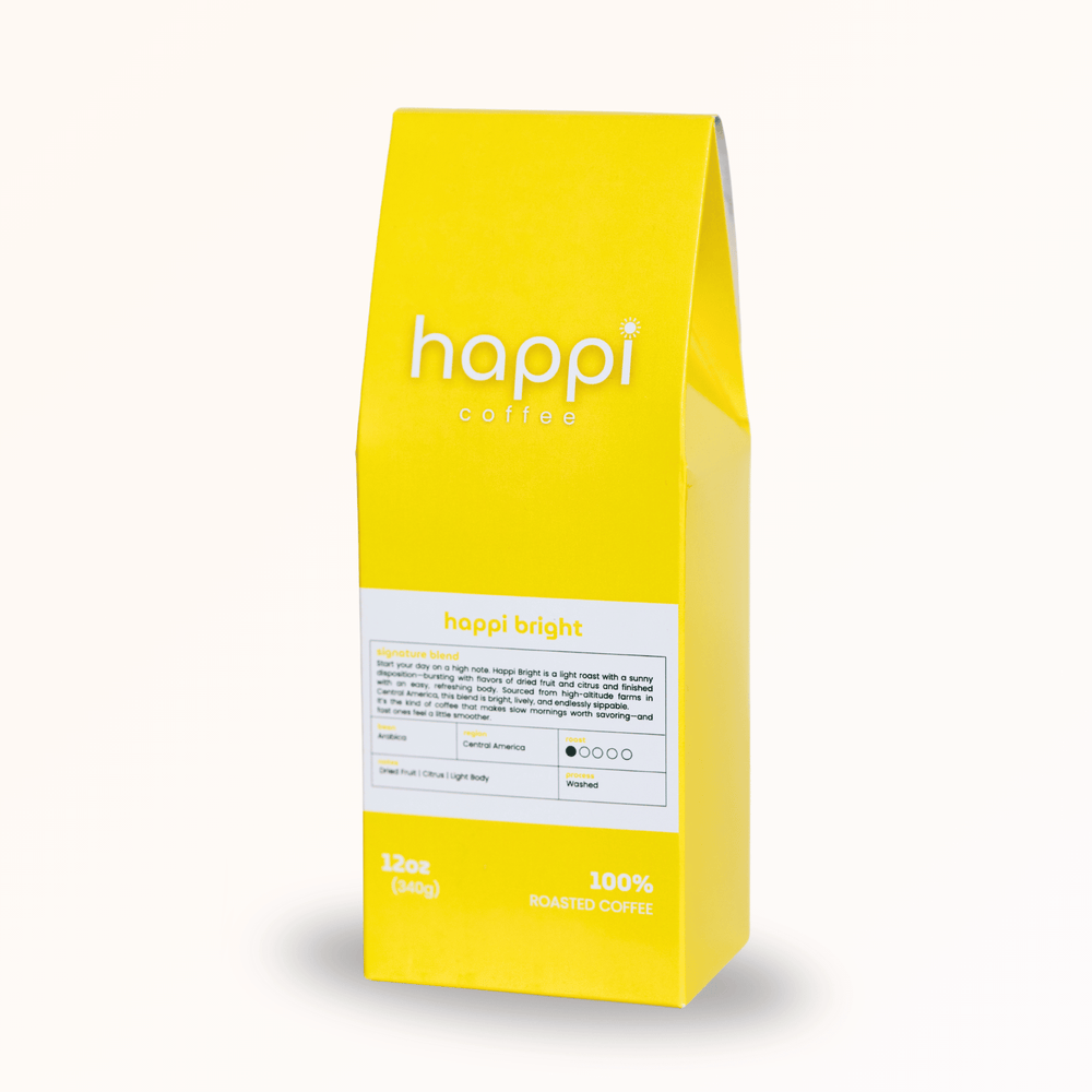 Side view of 12 oz bag of Happi Bright. Best Light Roast Coffee Beans with Citrus & Floral Flavor, Available Ground or Whole Bean