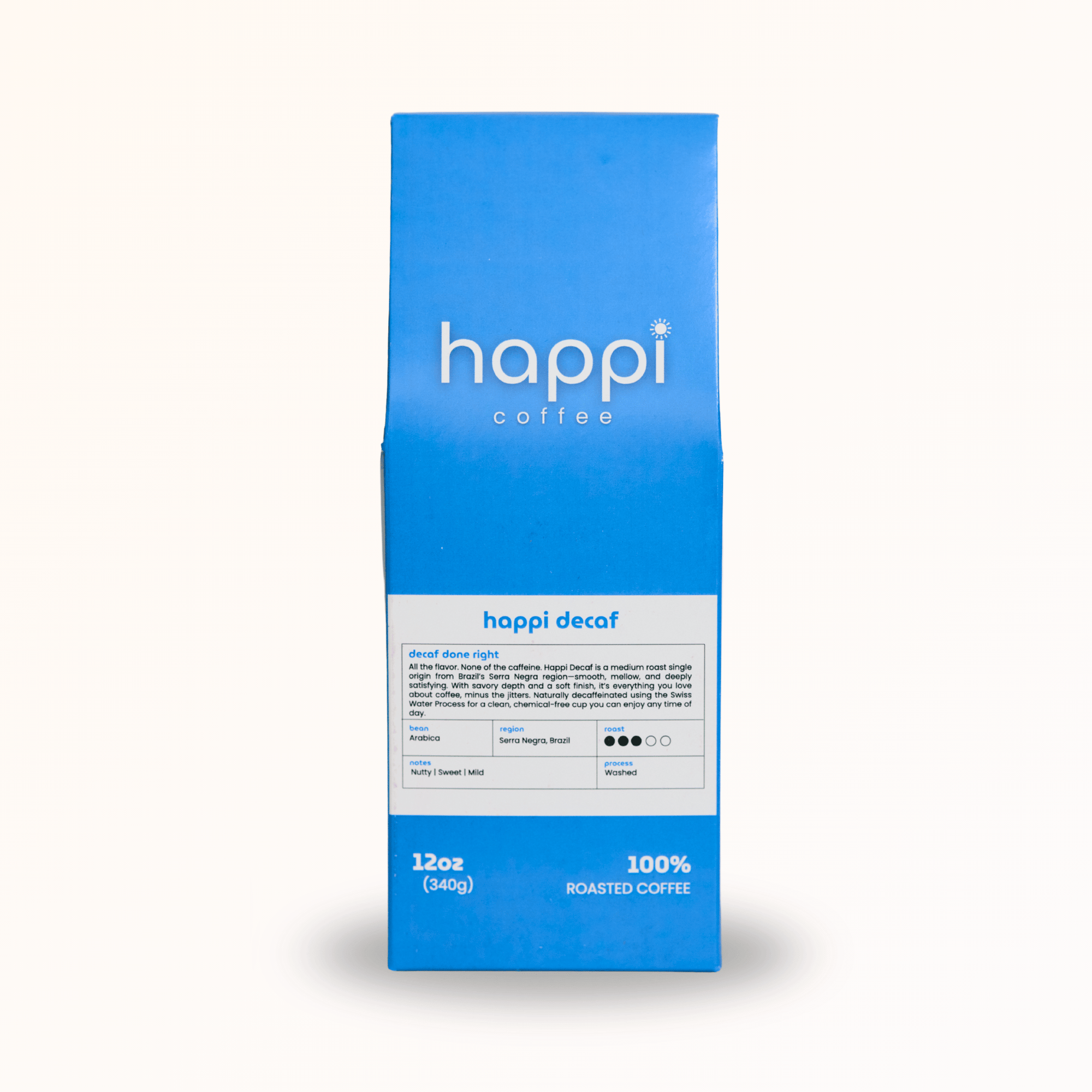Front view of 12 oz bag of Happi Decaf. Best decaf coffee beans with nutty sweetness & balanced flavor. Available Ground or Whole Bean