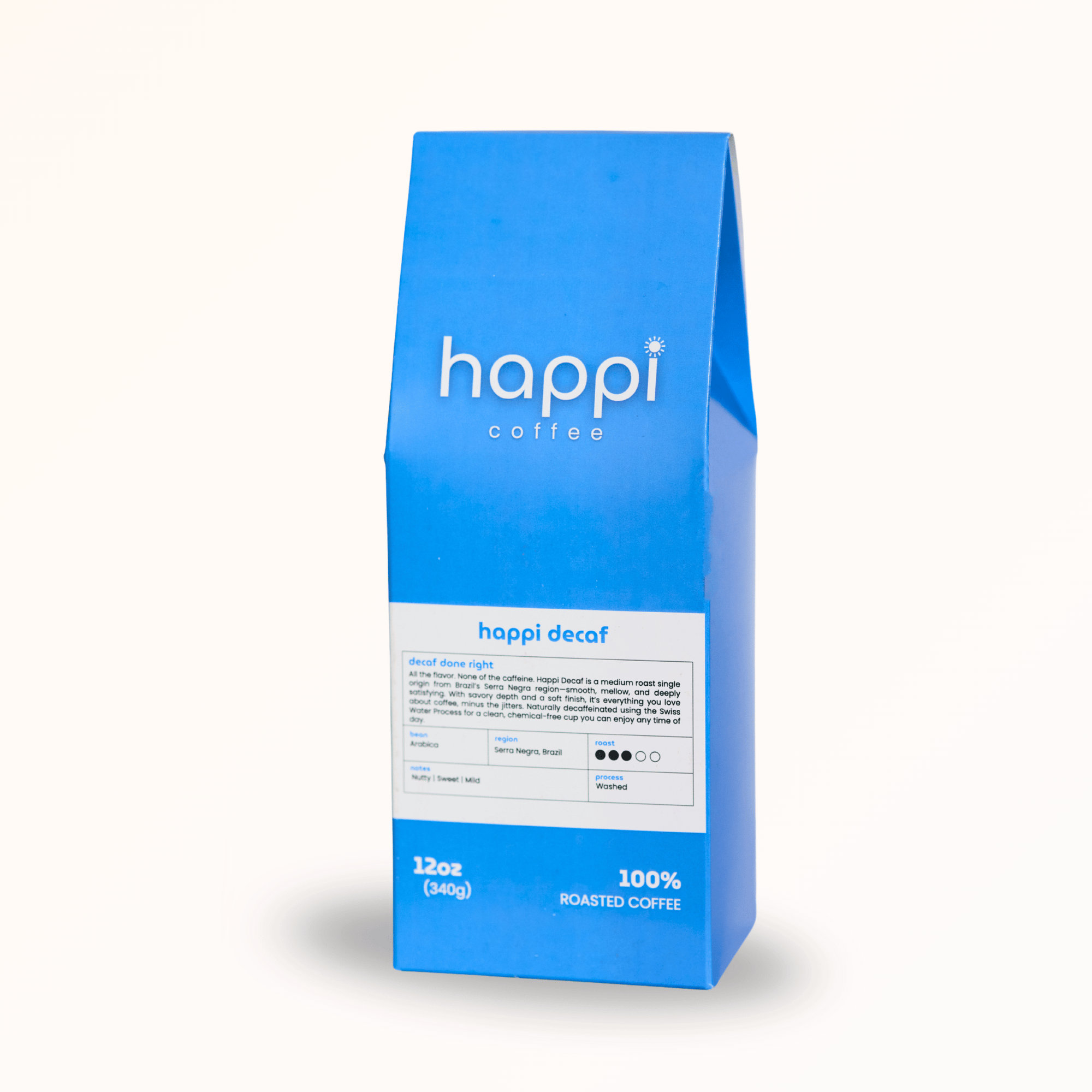 Side view of 12 oz bag of Happi Decaf. Best decaf coffee beans with nutty sweetness & balanced flavor. Available Ground or Whole Bean