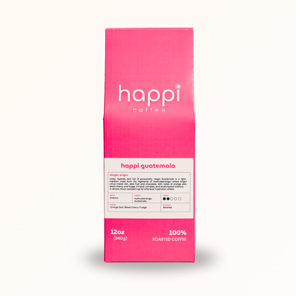 Front view of 12 oz bag of Happi Guatemala. Best Light Roast Coffee Beans with Orange Zest, Black Cherry & Fudge Notes, Available Ground or Whole Bean