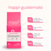 Front view of 12 oz bag of Happi Guatemala with product highlights. Best Light Roast Coffee Beans with Orange Zest, Black Cherry & Fudge Notes, Available Ground or Whole Bean