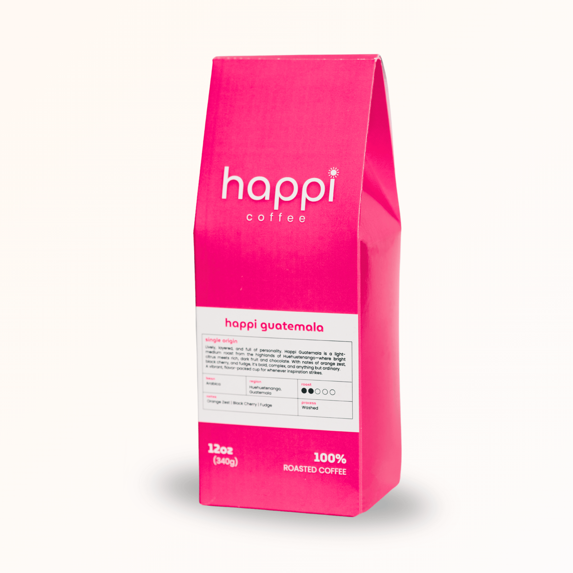 Side view of 12 oz bag of Happi Guatemala. Best Light Roast Coffee Beans with Orange Zest, Black Cherry & Fudge Notes, Available Ground or Whole Bean