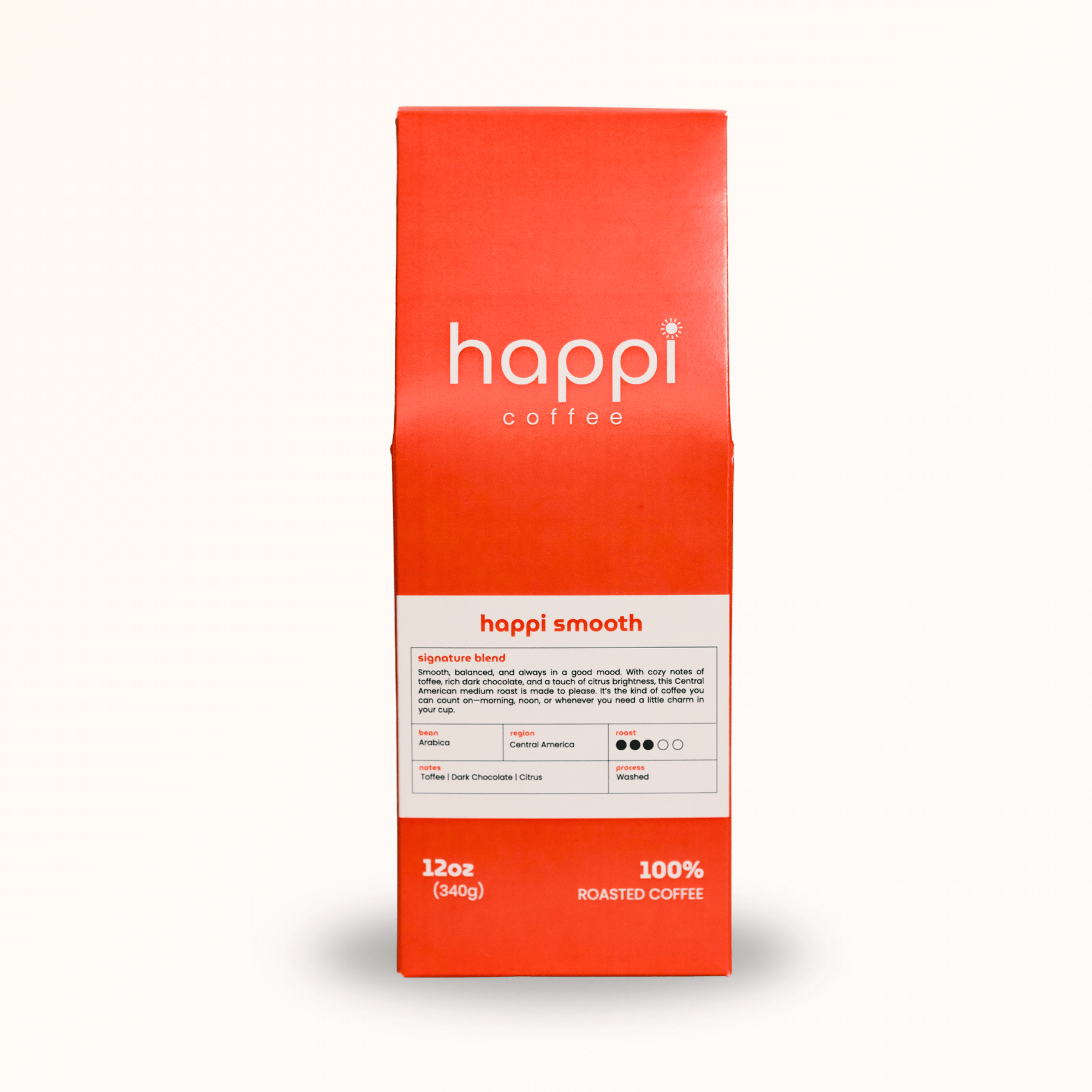 Front view of 12 oz bag of Happi Smooth. Best Medium Roast Coffee Beans with Cozy Sweetness & Balanced Flavor, Available Ground or Whole Bean