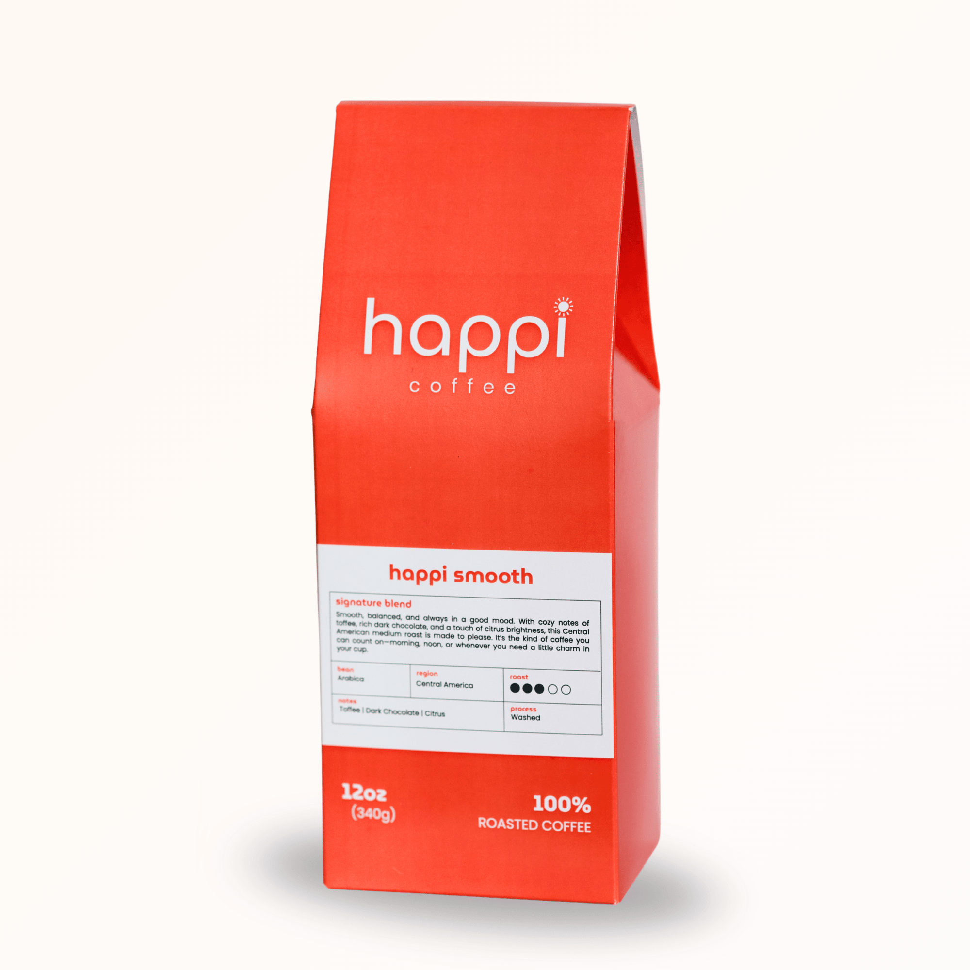 Side view of 12 oz bag of Happi Smooth. Best Medium Roast Coffee Beans with Cozy Sweetness & Balanced Flavor, Available Ground or Whole Bean