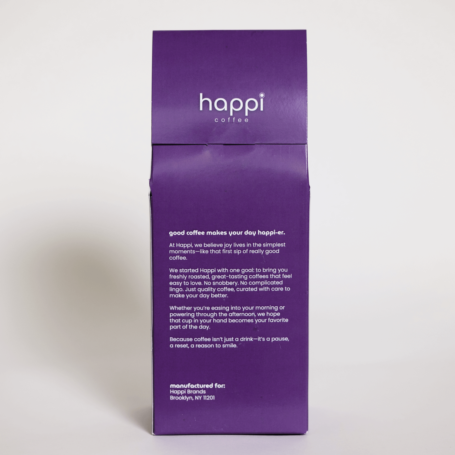 Back view of 12 oz bag of Happi Bold. Best Dark Roast Coffee Beans with Baker’s Chocolate, Caramel & Deep Body, Available Ground or Whole Bean