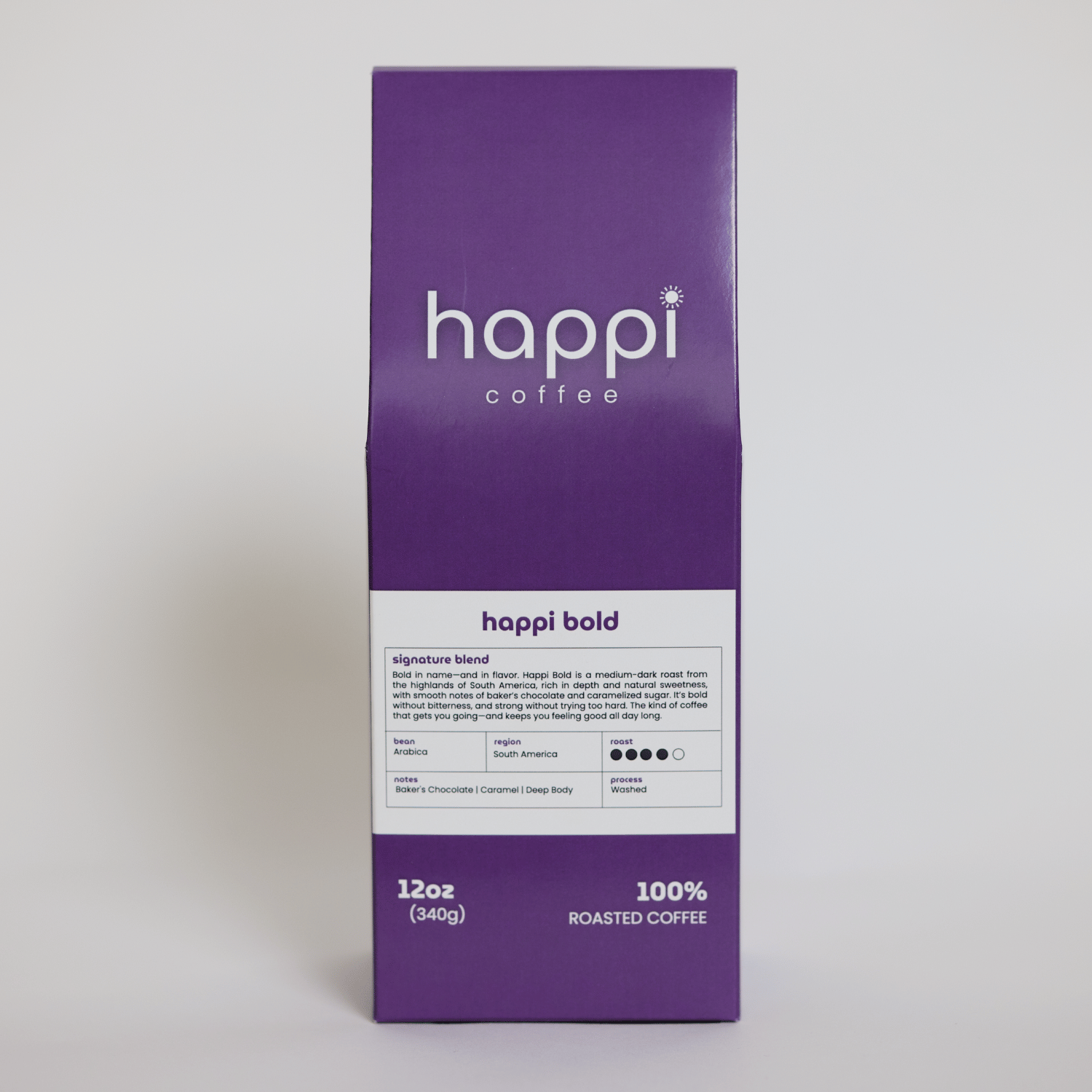 Front view of 12 oz bag of happi bold dark roast coffee – available in whole bean or ground