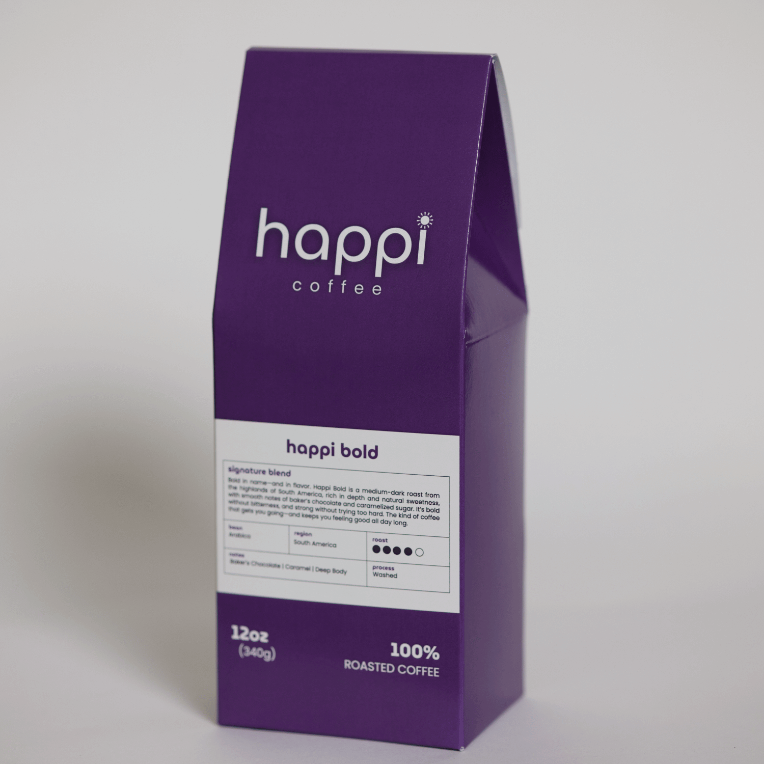 Side view of 12 oz bag of Happi Bold. Best Dark Roast Coffee Beans with Baker’s Chocolate, Caramel & Deep Body, Available Ground or Whole Bean
