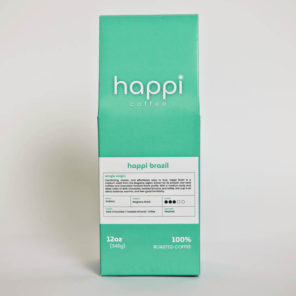 Front view of 12 oz bag of Happi Brazil. Best Medium Roast Coffee Beans with Chocolate, Almond & Toffee Notes, Available Ground or Whole Bean