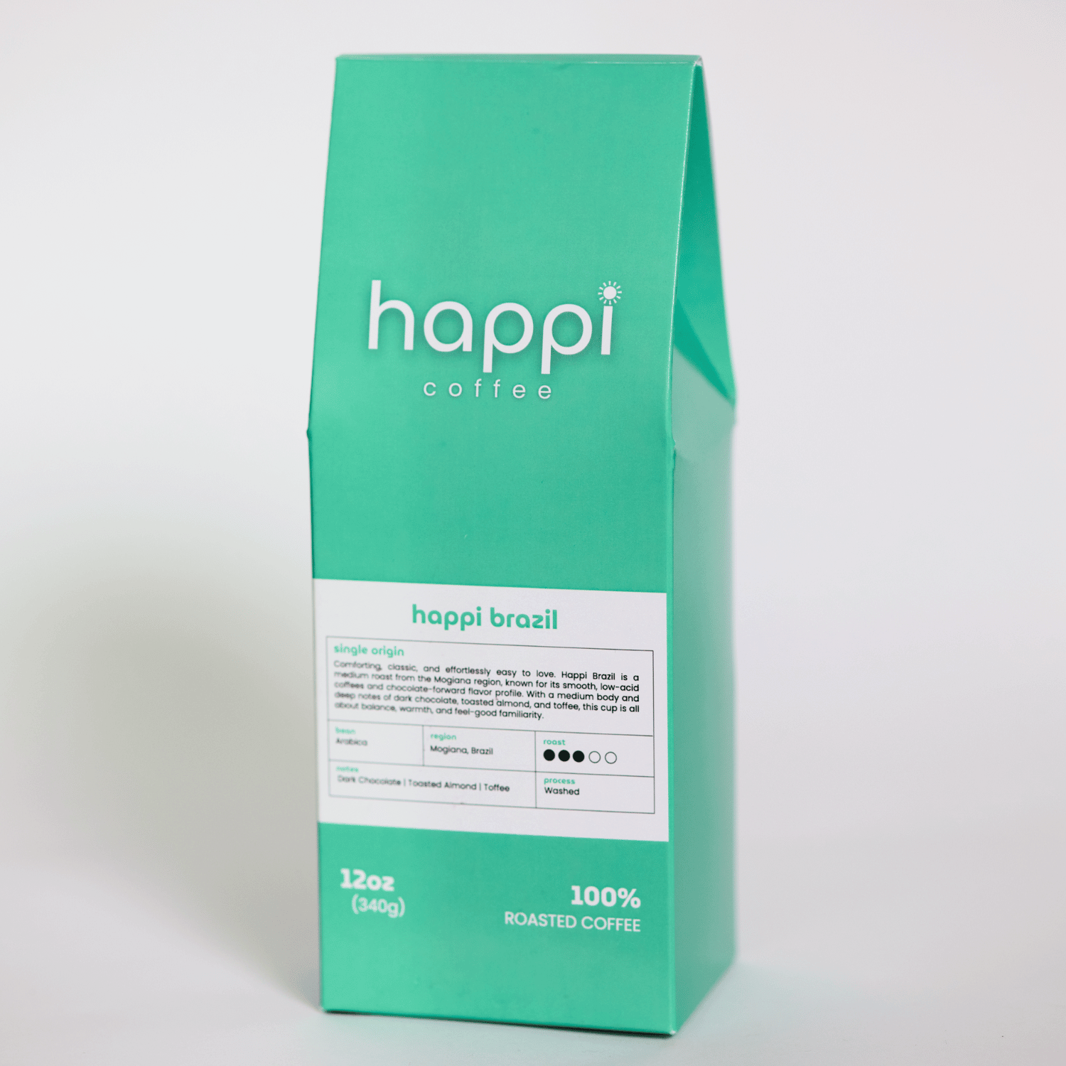 Side view of 12 oz bag of Happi Brazil. Best Medium Roast Coffee Beans with Chocolate, Almond & Toffee Notes, Available Ground or Whole Bean