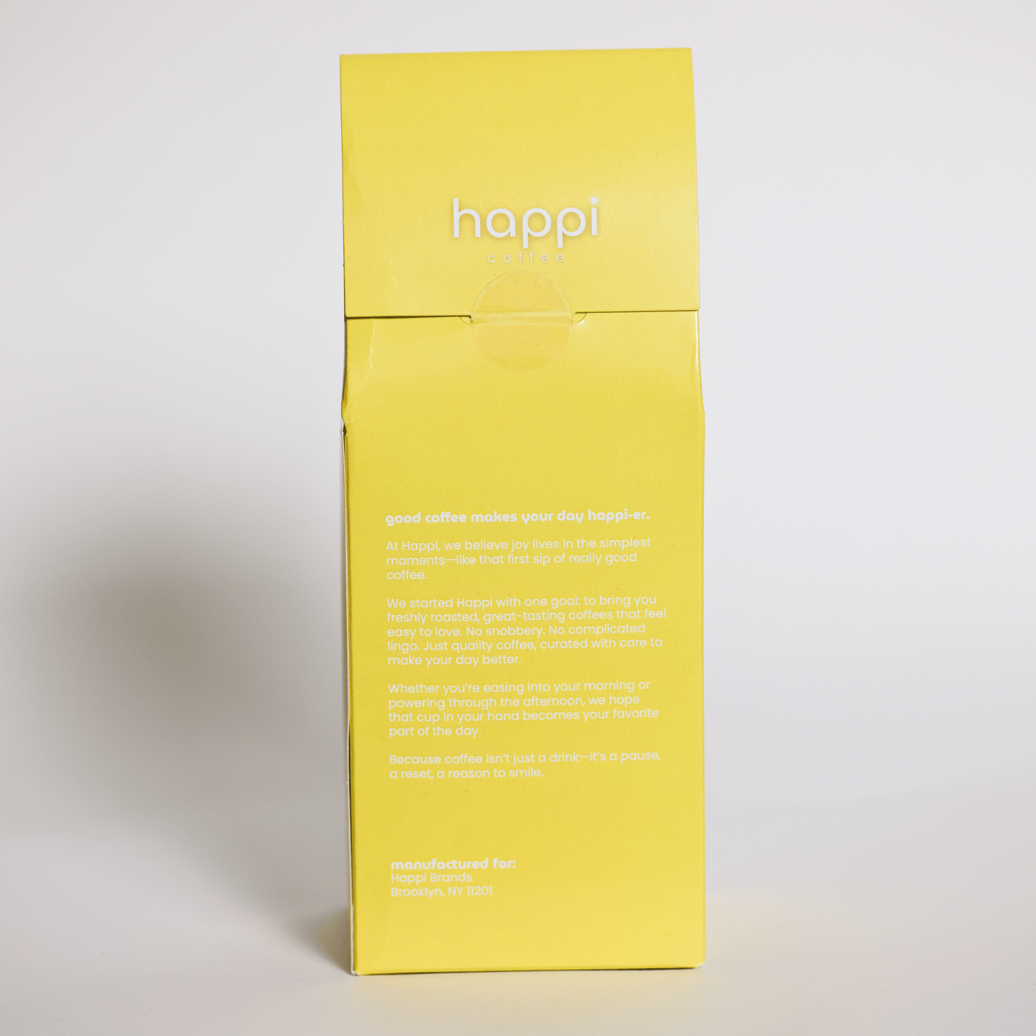 Back view of 12 oz bag of Happi Bright. Best Light Roast Coffee Beans with Citrus & Floral Flavor, Available Ground or Whole Bean