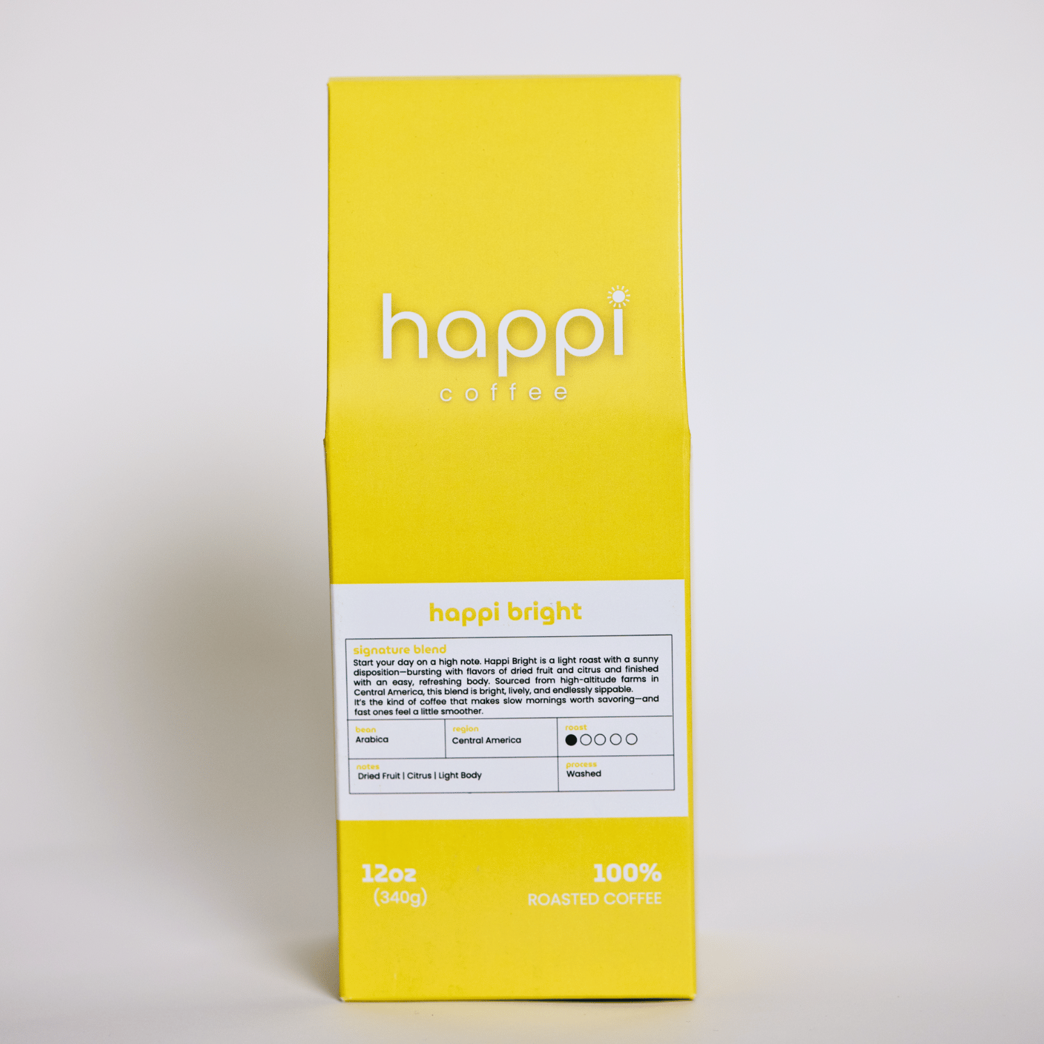 Front view of 12 oz bag of happi bright light roast coffee – available in whole bean or ground