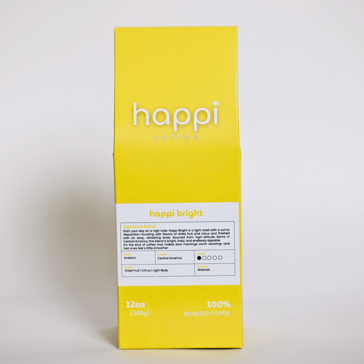 Front view of 12 oz bag of Happi Bright. Best Light Roast Coffee Beans with Citrus & Floral Flavor, Available Ground or Whole Bean