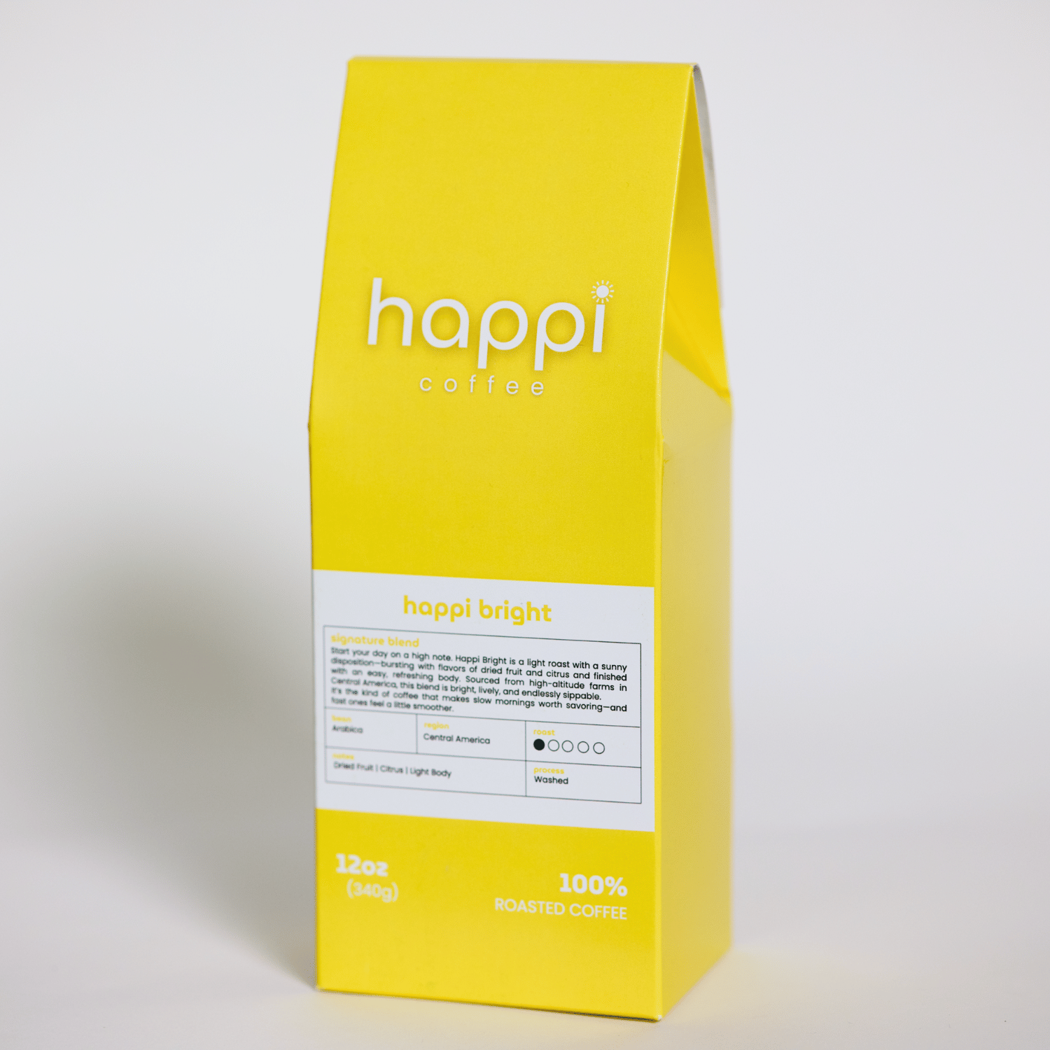 Side view of 12 oz bag of Happi Bright. Best Light Roast Coffee Beans with Citrus & Floral Flavor, Available Ground or Whole Bean