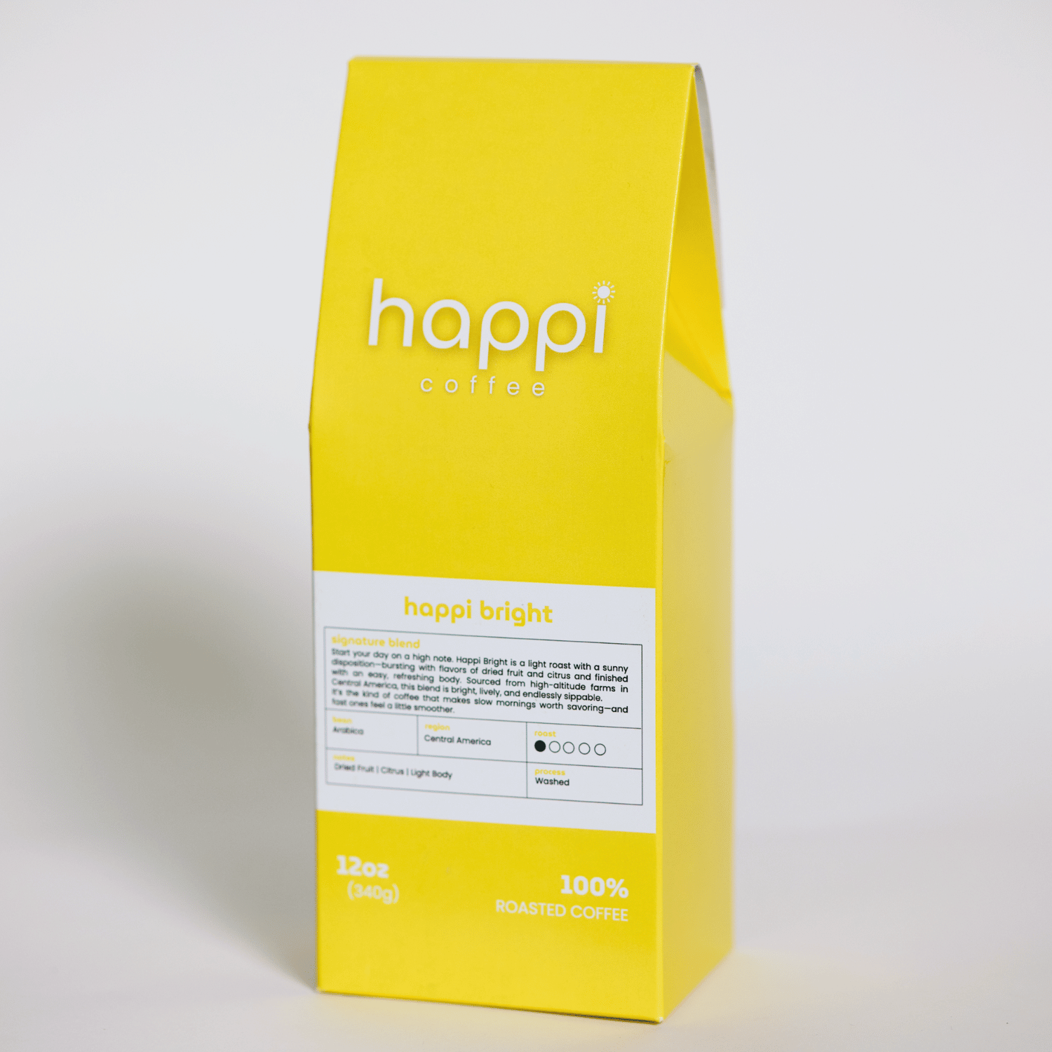 Side view of 12 oz bag of Happi Bright. Best Light Roast Coffee Beans with Citrus & Floral Flavor, Available Ground or Whole Bean