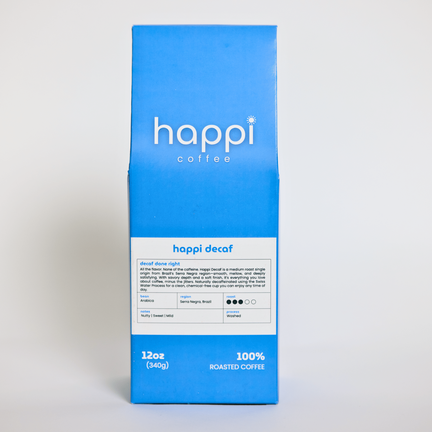 Front view of 12 oz bag of happi decaf medium roast coffee – available in whole bean or ground