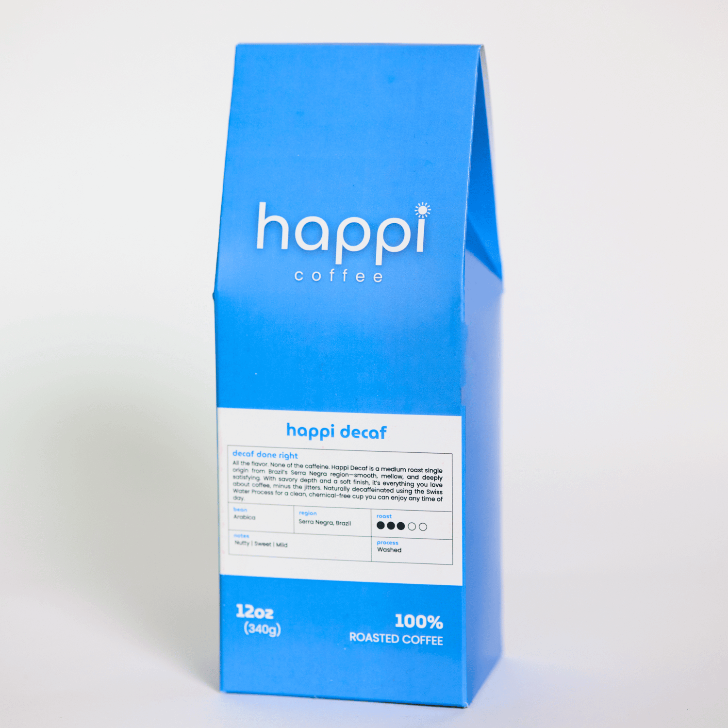 Side view of 12 oz bag of Happi Smooth. Best Medium Roast Coffee Beans with Cozy Sweetness & Balanced Flavor, Available Ground or Whole Bean