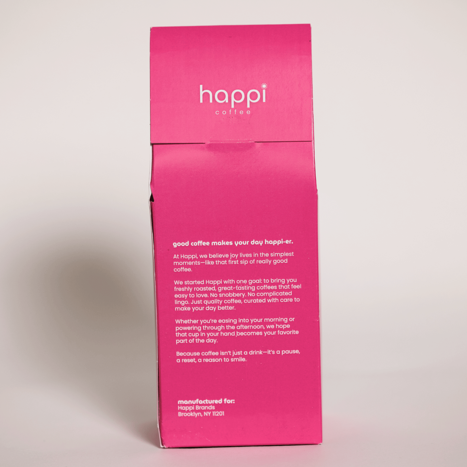Back view of 12 oz bag of Happi Guatemala. Best Light Roast Coffee Beans with Orange Zest, Black Cherry & Fudge Notes, Available Ground or Whole Bean