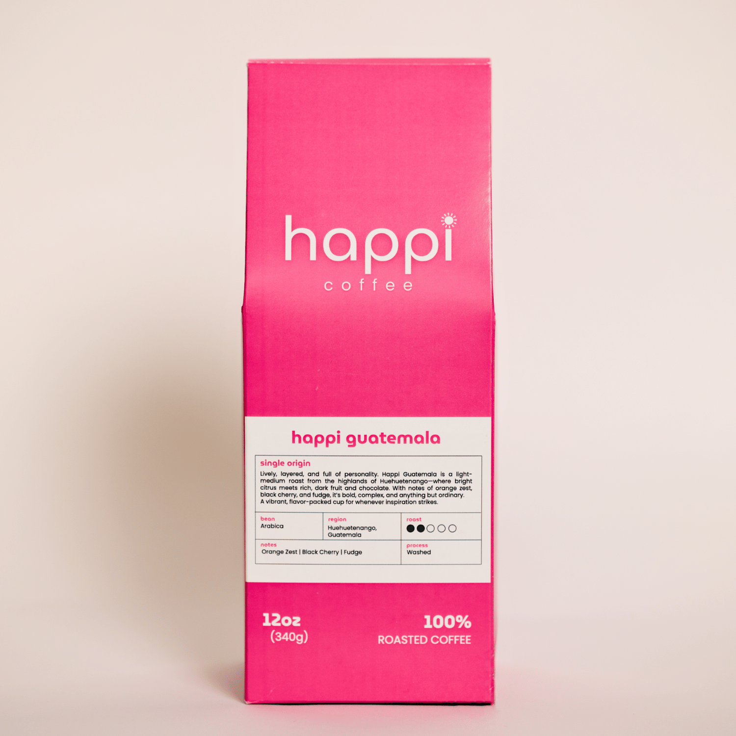 Front view of 12 oz bag of happi guatemala light roast coffee – available in whole bean or ground