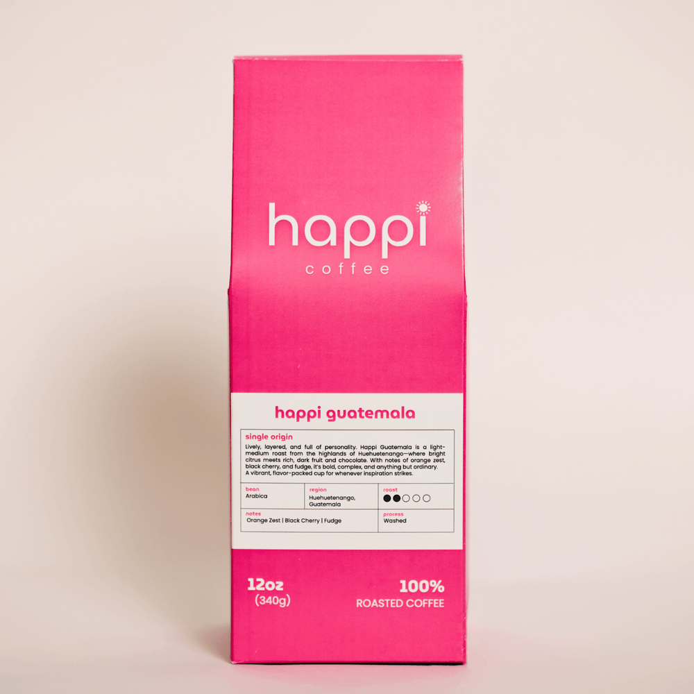 Front view of 12 oz bag of Happi Guatemala. Best Light Roast Coffee Beans with Orange Zest, Black Cherry & Fudge Notes, Available Ground or Whole Bean