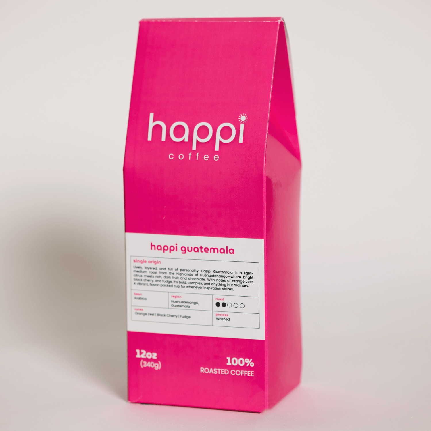 Side view of 12 oz bag of Happi Guatemala. Best Light Roast Coffee Beans with Orange Zest, Black Cherry & Fudge Notes, Available Ground or Whole Bean
