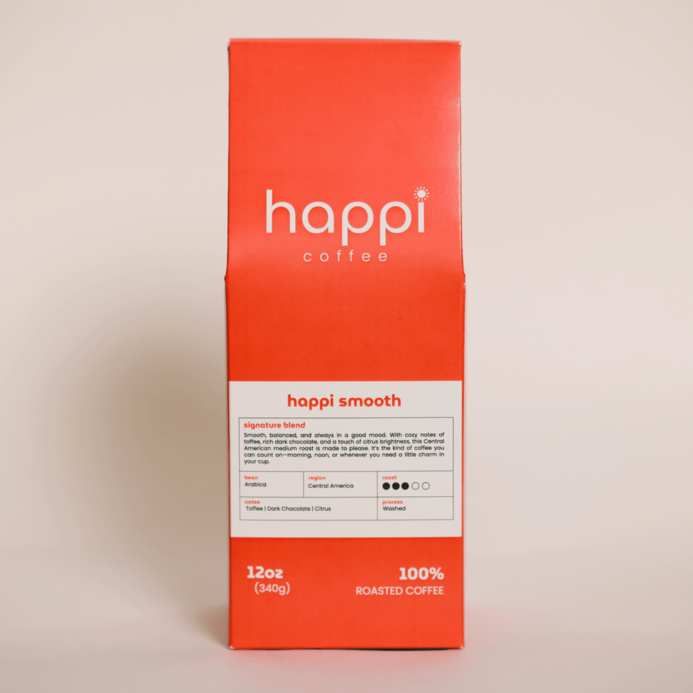 Front view of 12 oz bag of Happi Smooth. Best Medium Roast Coffee Beans with Cozy Sweetness & Balanced Flavor, Available Ground or Whole Bean