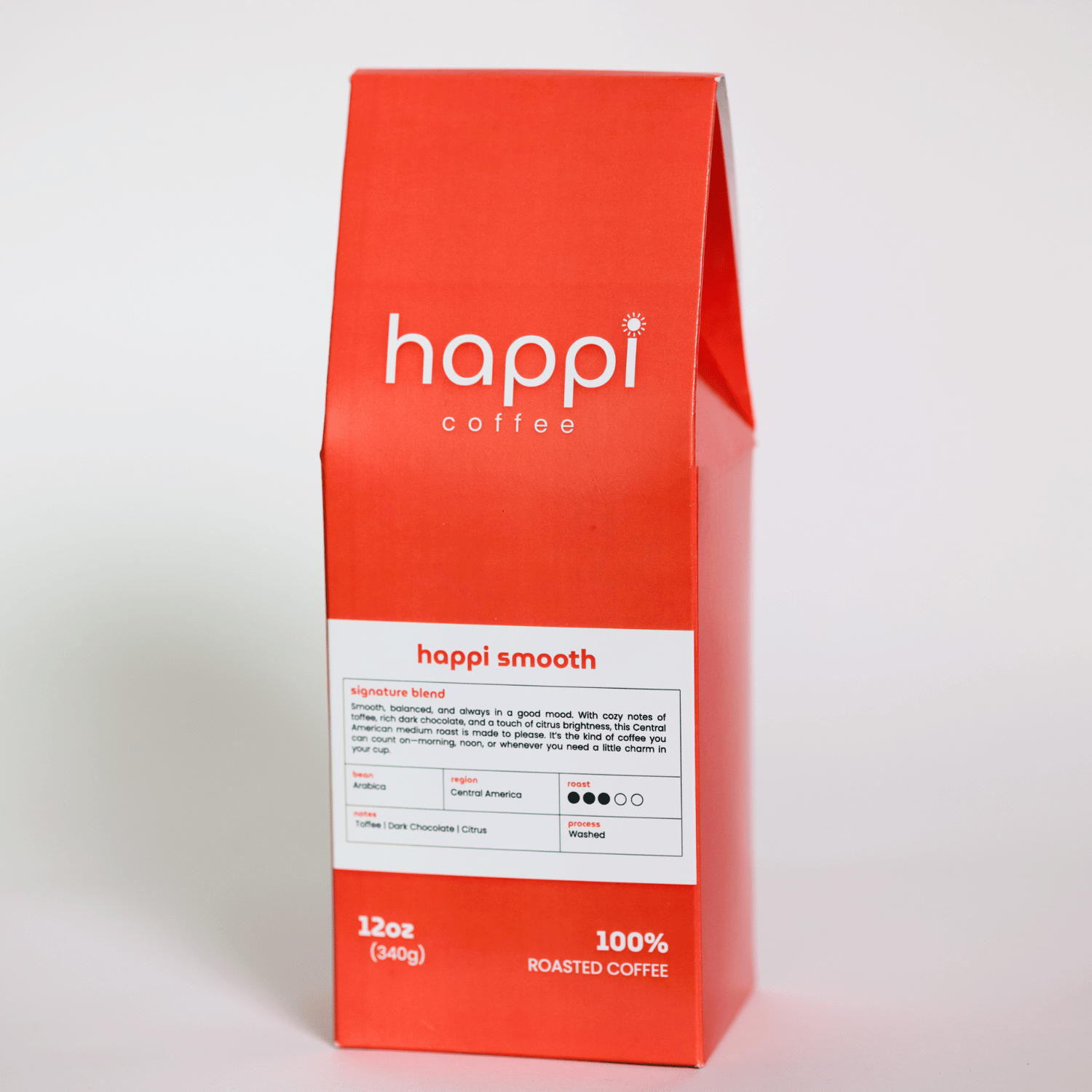 Side view of 12 oz bag of Happi Smooth. Best Medium Roast Coffee Beans with Cozy Sweetness & Balanced Flavor, Available Ground or Whole Bean